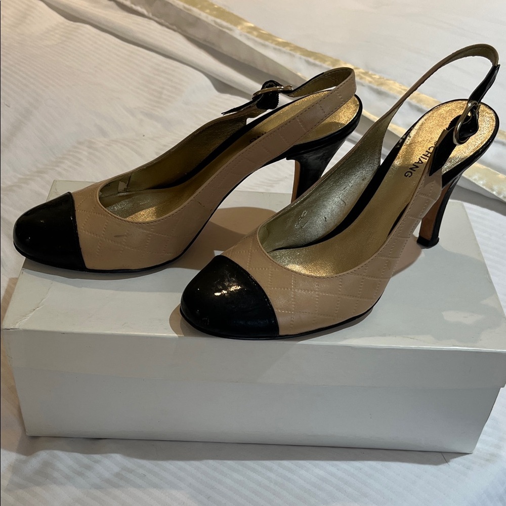 Arturo Chiang Tan and Black Slingback Heels